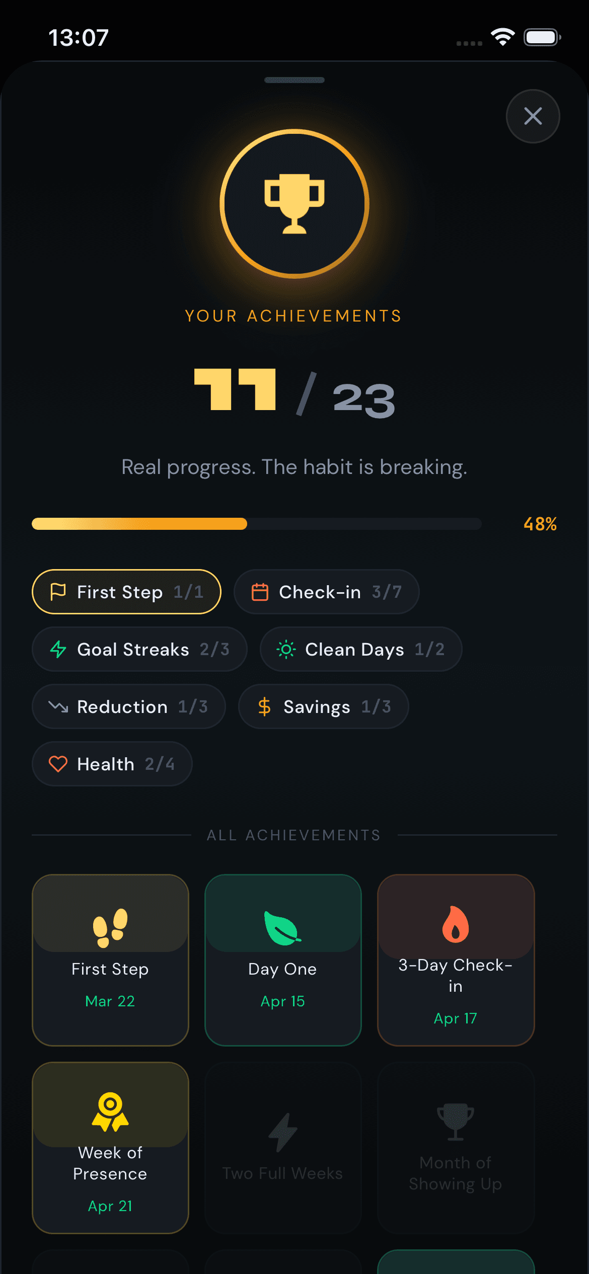 QuitPuff achievements — 11 of 23 unlocked