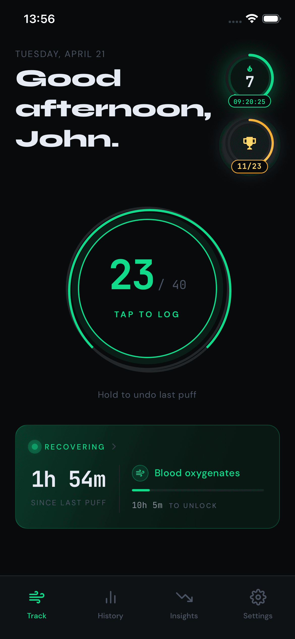 QuitPuff home screen — tap to log, recovery timer, and streak progress