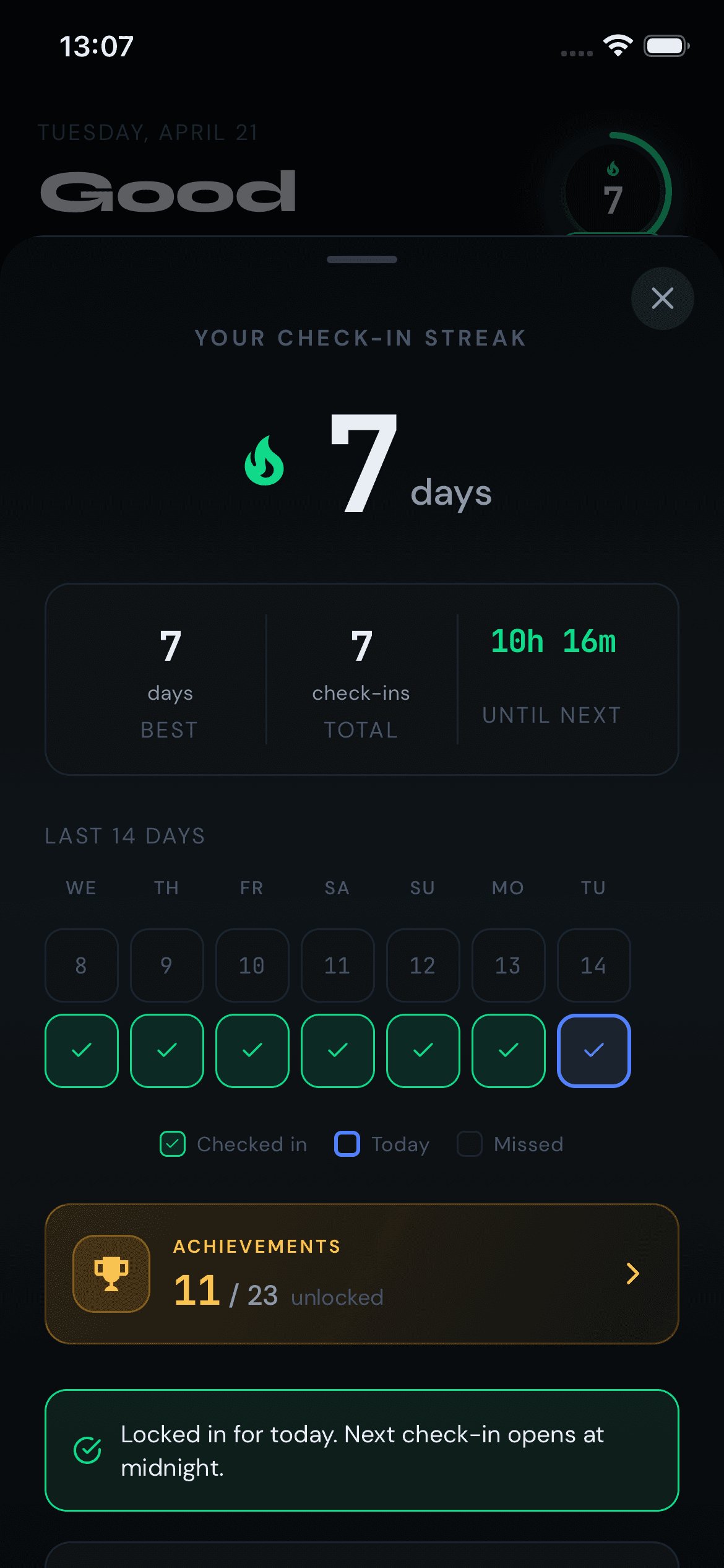 QuitPuff 7-day streak — check-ins grid with today highlighted