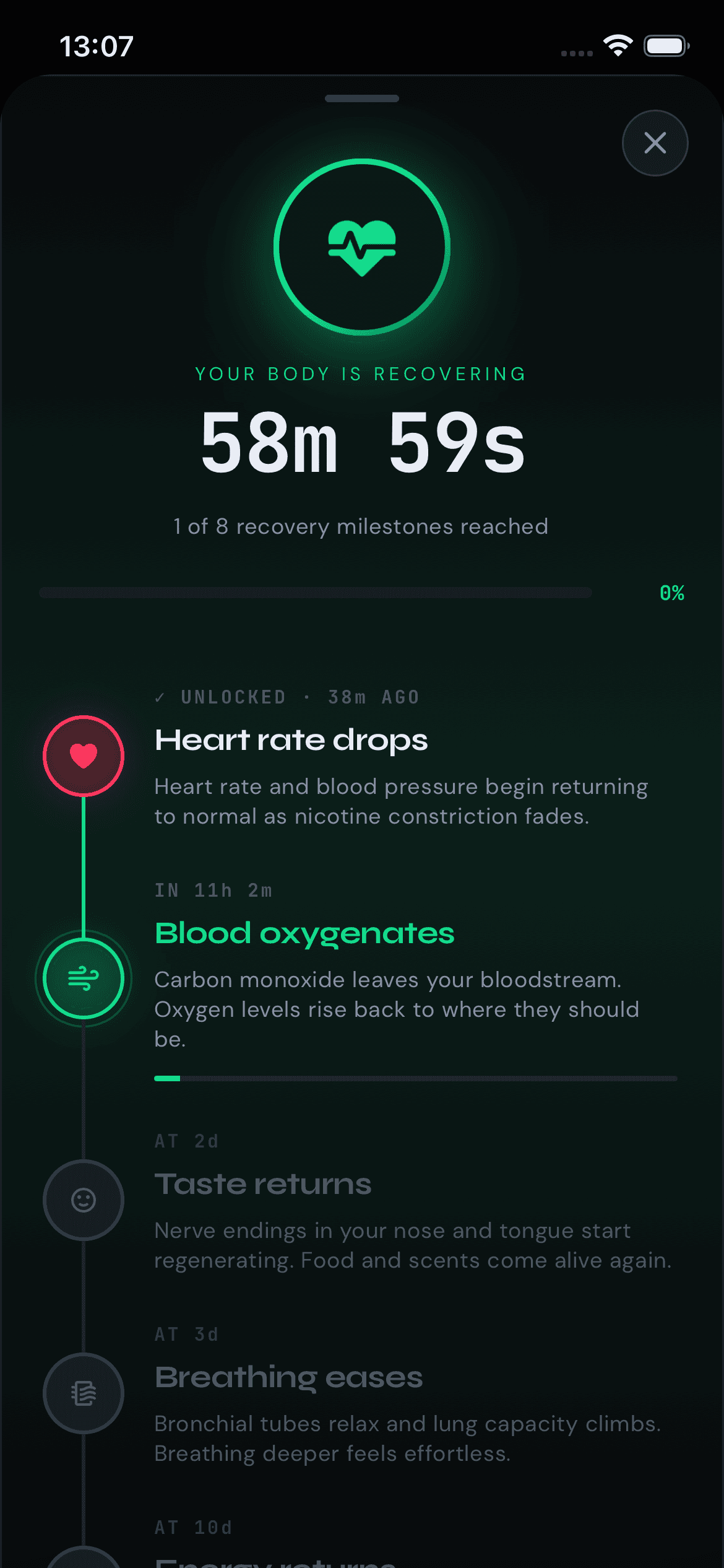 QuitPuff recovery timeline — your body repairing in real time